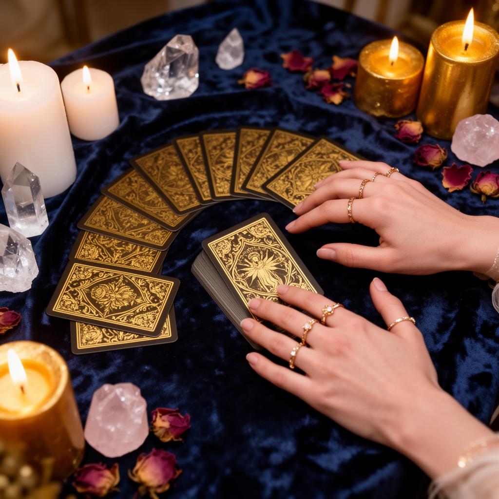 Mesa de leitura com cartas, velas e cristais